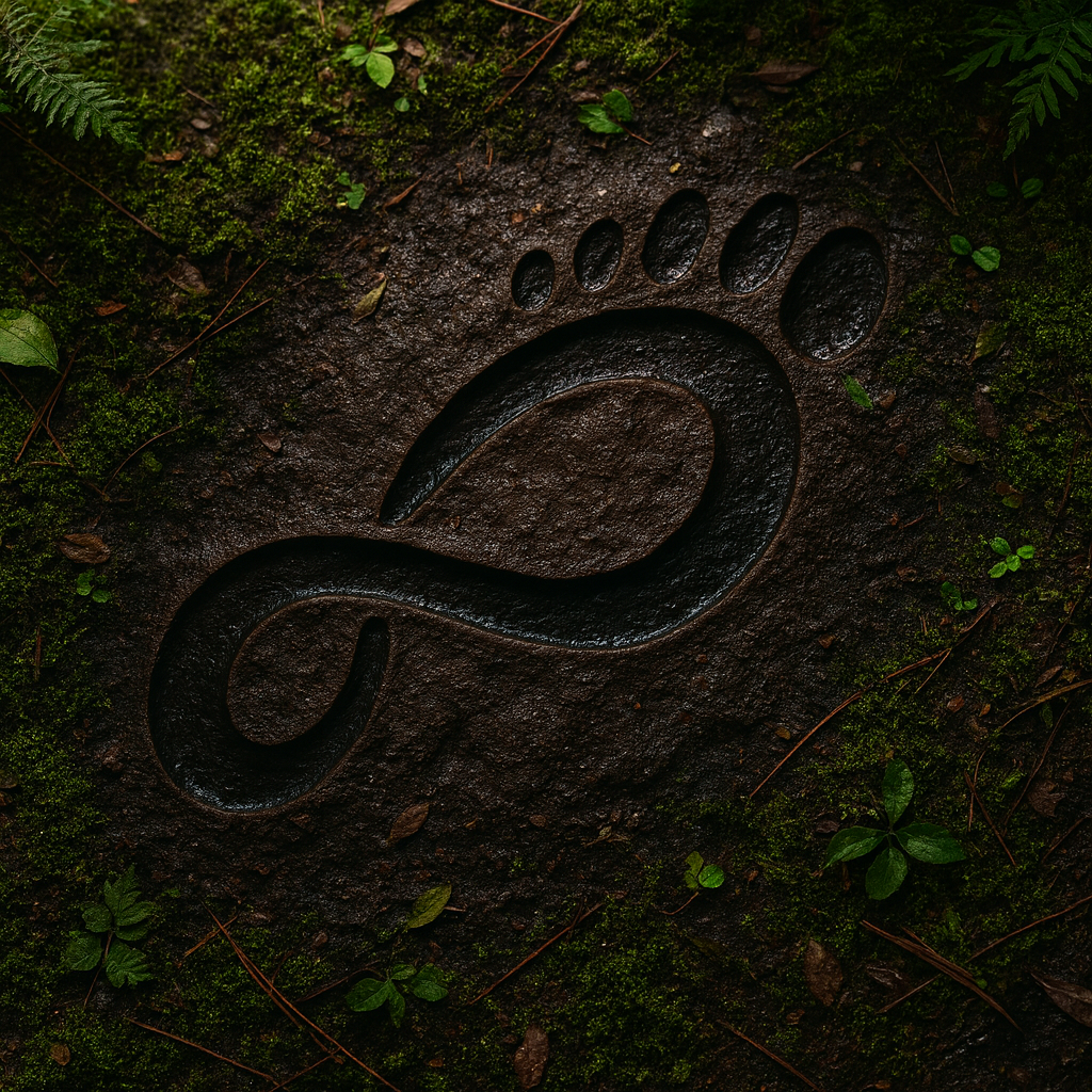 Infinity-shaped footprint in forest soil with moss and leaves